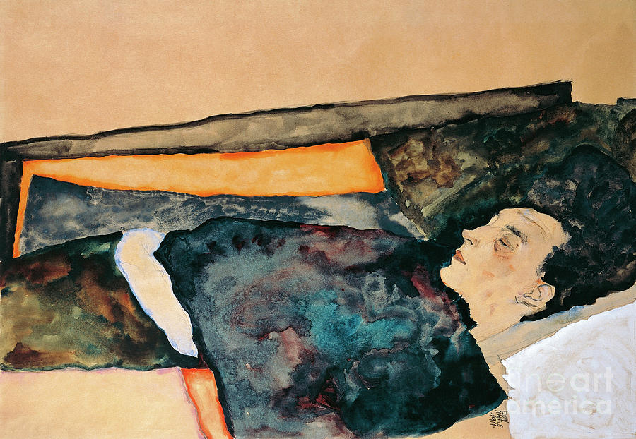 Artists Mother Sleeping, Pencil And Watercolor Painting by Egon Schiele