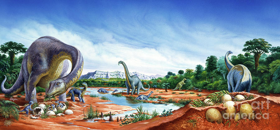 Artwork Of A Herd Of Titanosaurs By A River Photograph by Christian ...