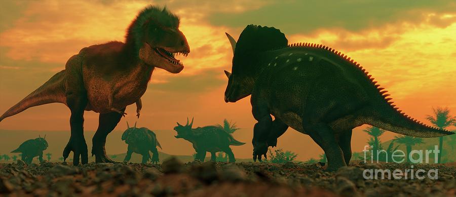 Artwork Of T Rex Vs Triceratops Photograph by Mark Garlick/science Photo Library