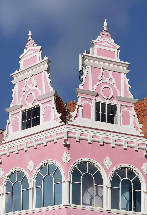 Image Digital Art - Aruba, Oranjestad, Pink Dutch Style Architecture by Claudia Uripos