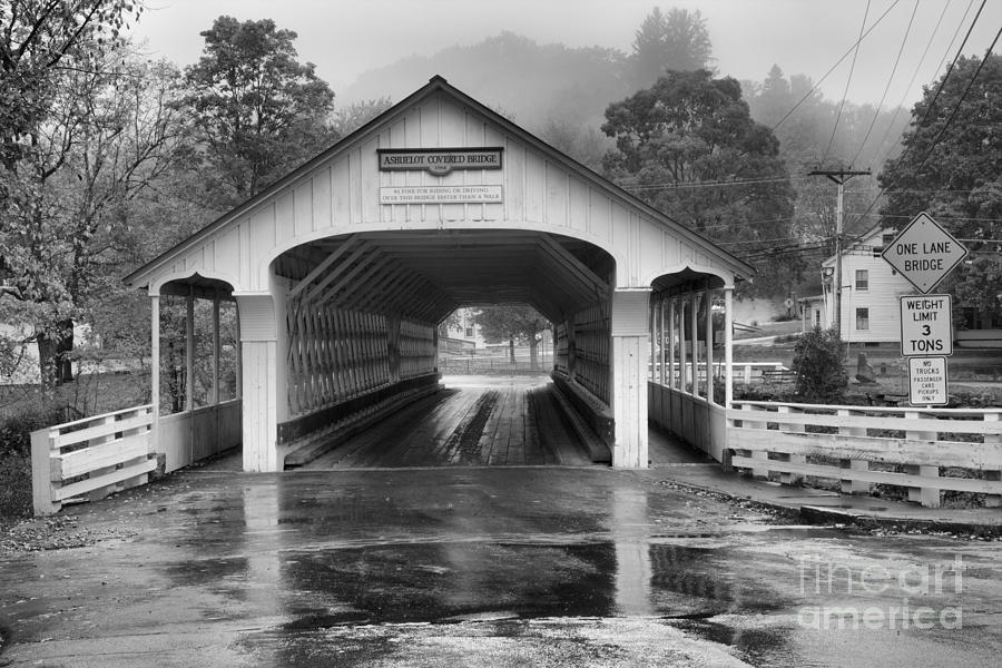 Ashuelot Covered Bridge Foggy Afternoon Black And White Photograph by Adam Jewell