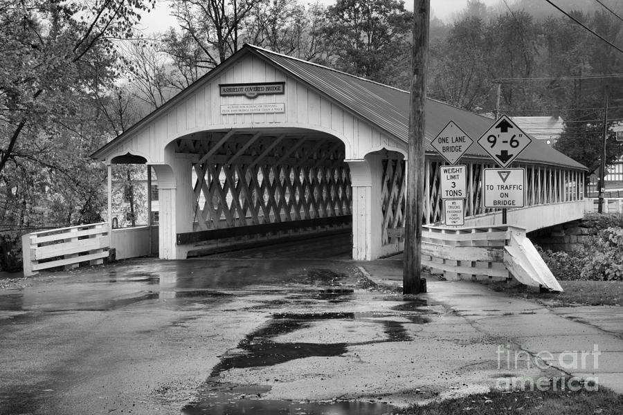 Ashuelot Covered Bridge In The Rain Black And White Photograph by Adam Jewell
