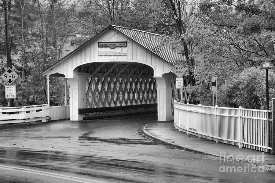 Ashuelot Covered Bridge Rainy Fall Day Black And White Photograph by Adam Jewell