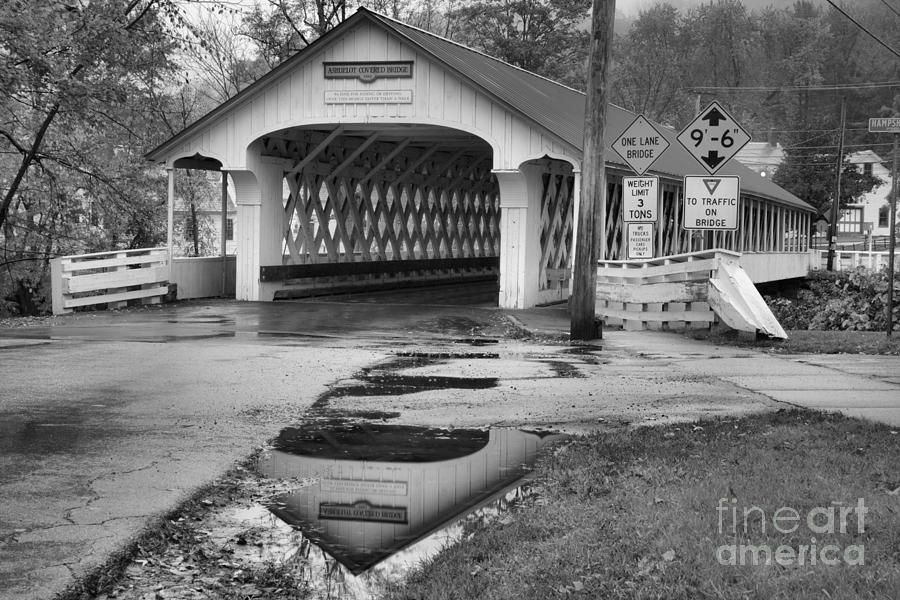 Ashuelot Covered Bridge Reflections Black And White Photograph by Adam Jewell