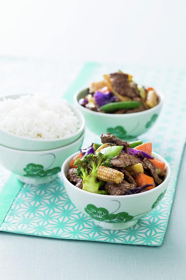 Asian Beef And Vegetable Stir-fry With Rice Photograph by Young, Andrew