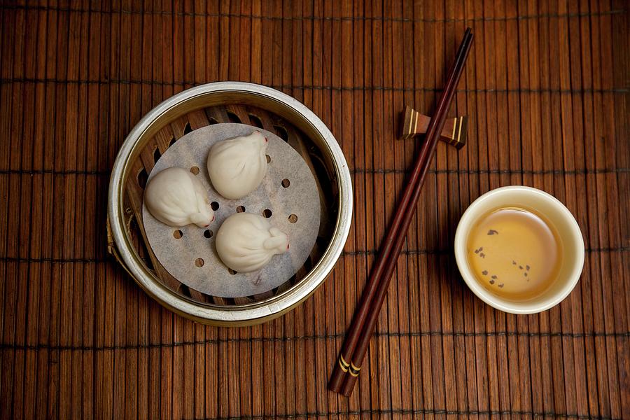 Still Life Digital Art - Asian Dumplings, Tea And Chopsticks On Bamboo Mat by Norma Cordova