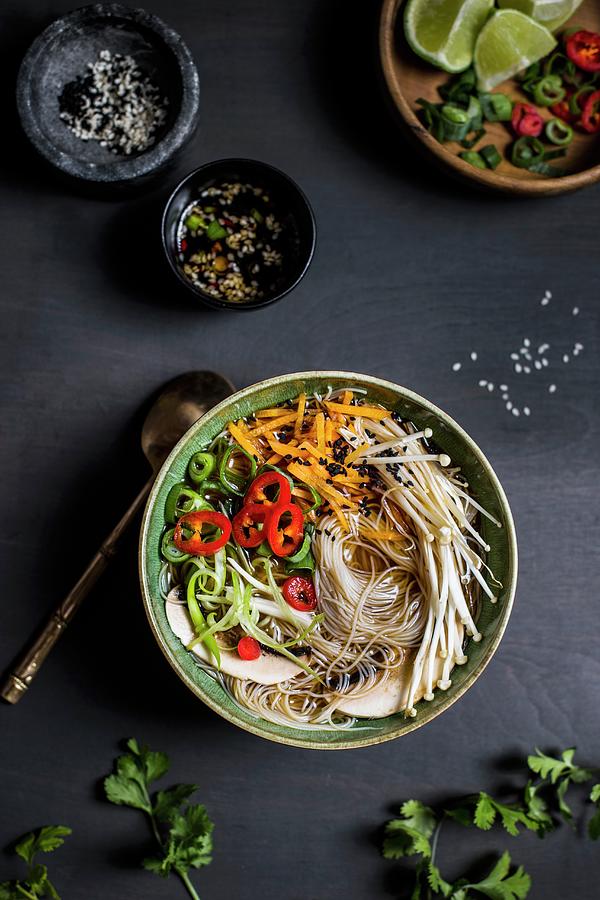 Asian Noodle Soup With Chilli, Carrots And Mushrooms top View Photograph by Magdalena Hendey