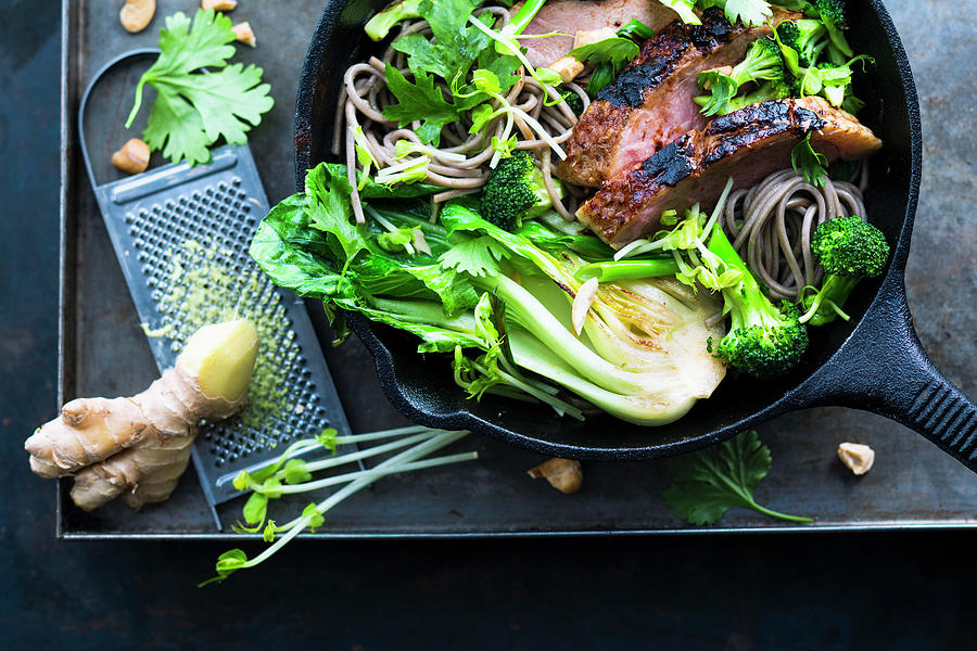 Asian Noodle Stir Fry With Grilled Duck Breast And Soba Noodles Photograph by Tina Engel