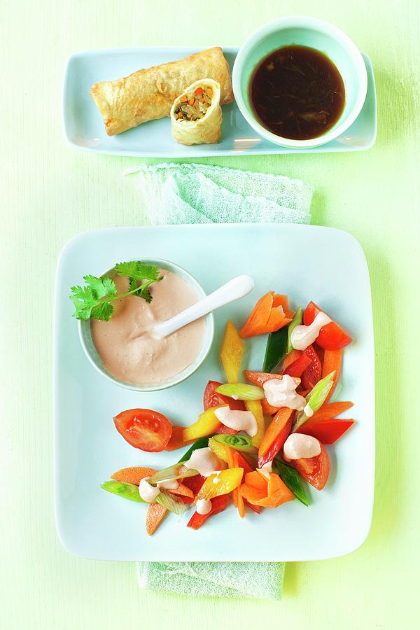 Spring Photograph - Asian Salad And Spring Rolls With A Dip by Stephanie Gayer