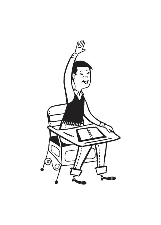 Black And White Drawing - Asian Schoolboy at Desk Raising his Hand by CSA Images