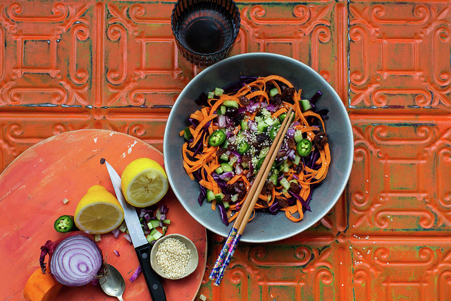 Asian Slaw With Carrots, Red Cabbage And Sesame Seeds Photograph by Lara Jane Thorpe