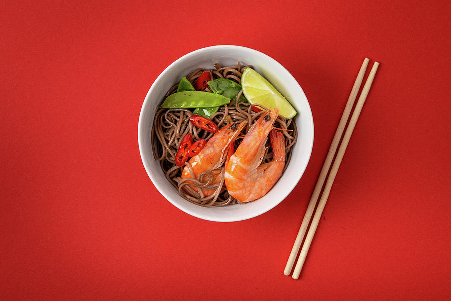 Asian Stir Fry Soba Noodles With Shrimps, Vegetables, Green Peas, Red Pepper Photograph by Olena Yeromenko