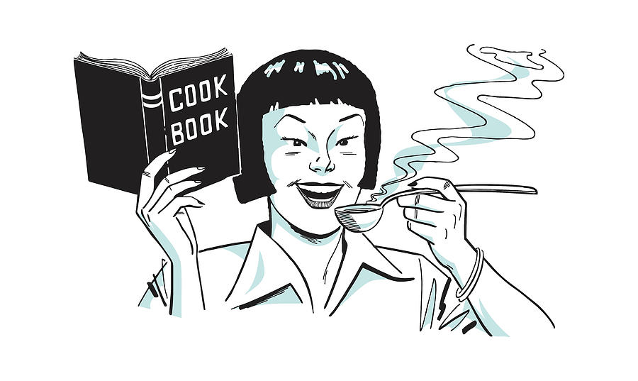 Vintage Drawing - Asian Woman Eating and Holding Up Cookbook by CSA Images