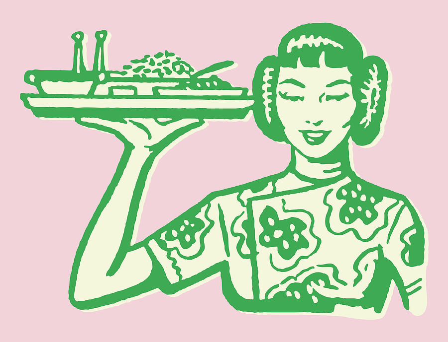 Vintage Drawing - Asian Woman with Plate of Food by CSA Images