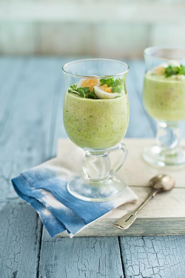 Asparagus Mousse In Glasses With Quails Egg And Cress Photograph by Magdalena Hendey