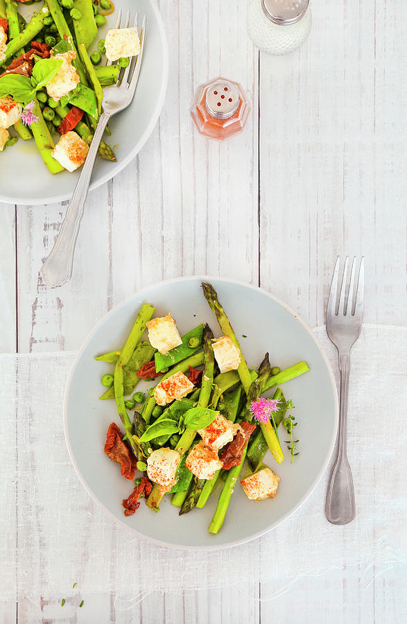 Asparagus Salad Peas Flat Beans Thyme Chives Sun-dried Tomatoes And Paprika Feta Photograph by Claudia Gargioni