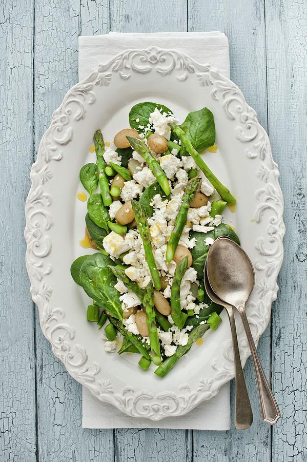 Asparagus Salad With Feta Cheese, New Potatoes And Spinach seen From Above Photograph by Magdalena Hendey