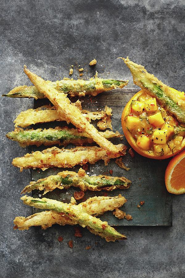 Asparagus Tempura With Orange And Mango Chutney Photograph by Jalag