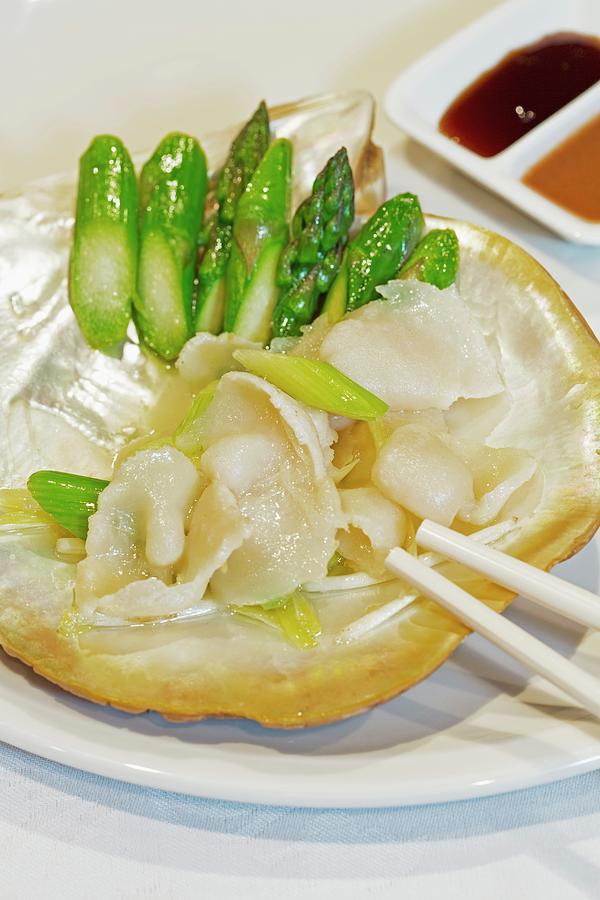 Asparagus Tips With Pearl Oysters, Chinese Dish From The Flower Drum Restaurant, Melbourne, Australia Photograph by Jalag / Monica Gumm