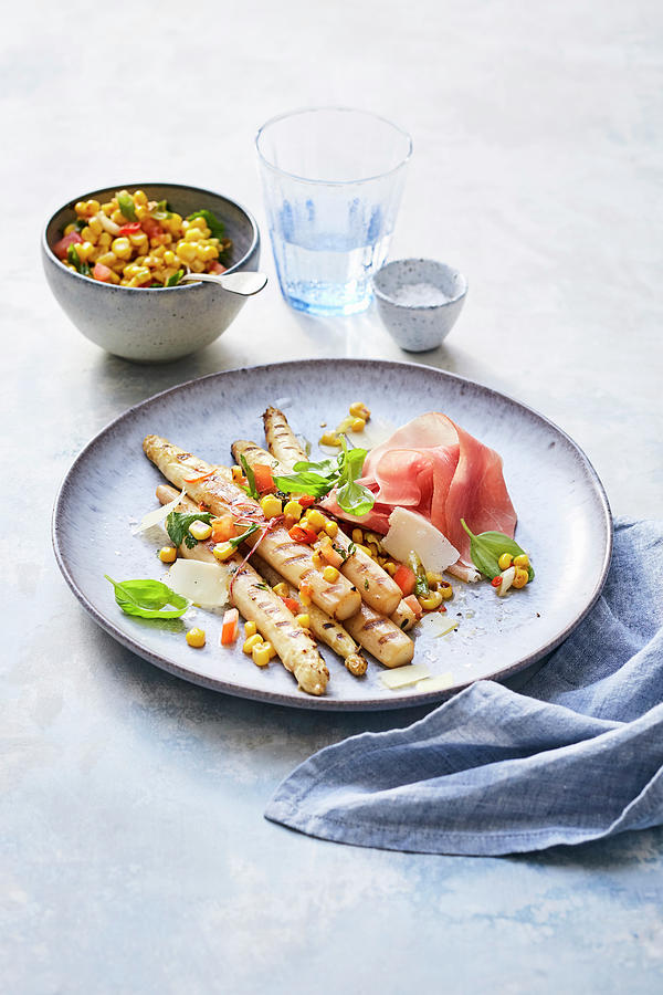 Asparagus With Corn Salsa, Prosciutto And Parmesan Photograph by Stockfood Studios /  Thorsten Suedfels