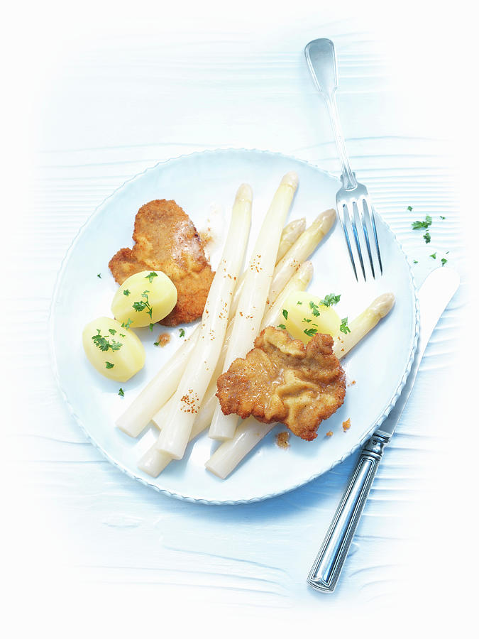 Asparagus With Wiener Schnitzel breaded Veal And Parsley Potatoes Photograph by Martina Urban