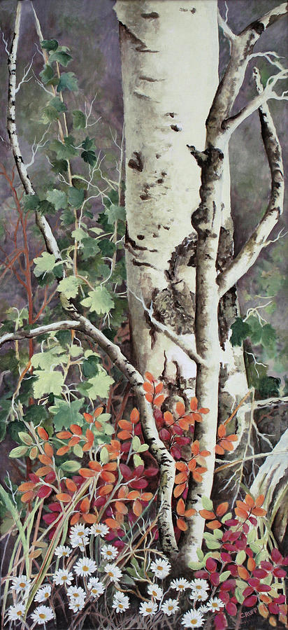 Tree Painting - Aspen And Daisies by Carol J Rupp