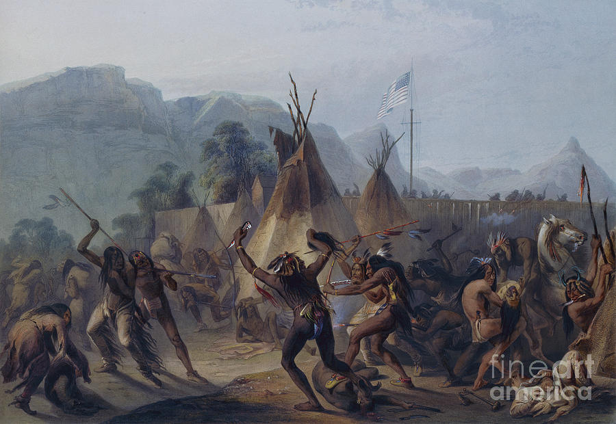 Assiniboine And Cree Indians Attack A Blackfoot Encampment At Fort Mckenzie Painting by Karl Bodmer