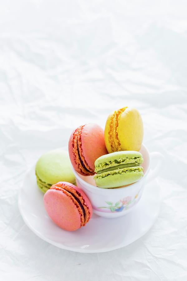 Assorted Colorful Macarons In A Tea Cup Photograph by Sandhya Hariharan