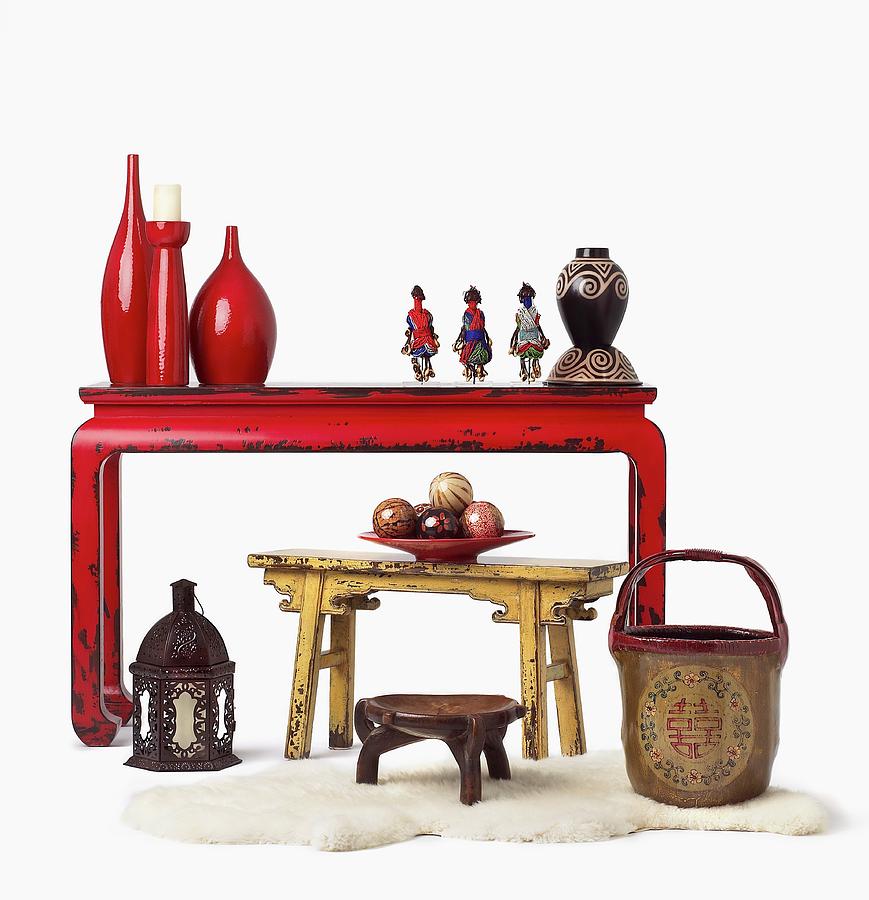 Assorted Ethnic Decor; Stools, Wooden Balls, Table, Lantern And Vases Photograph by Monica Mckenna