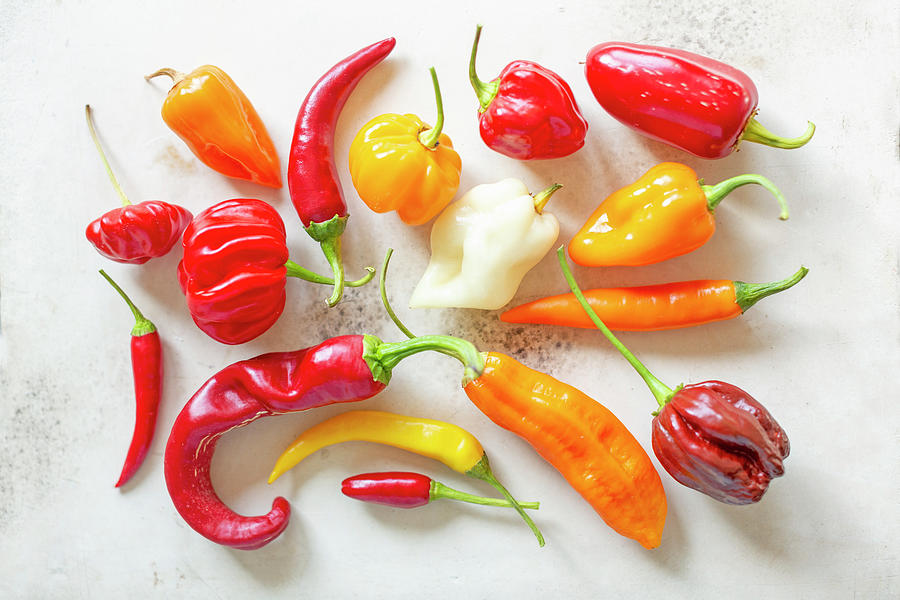 Assorted Fresh Peppers On White Photograph by Sabine Lscher