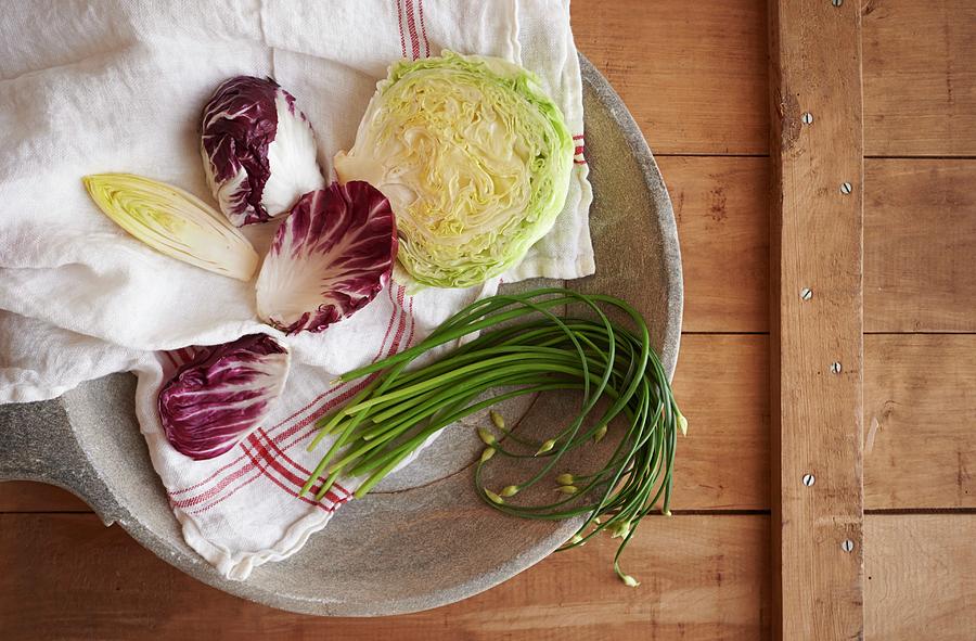 Assorted Greens Including, Radicchio, Lettuce, Chives, Endive Photograph by Greg Rannells