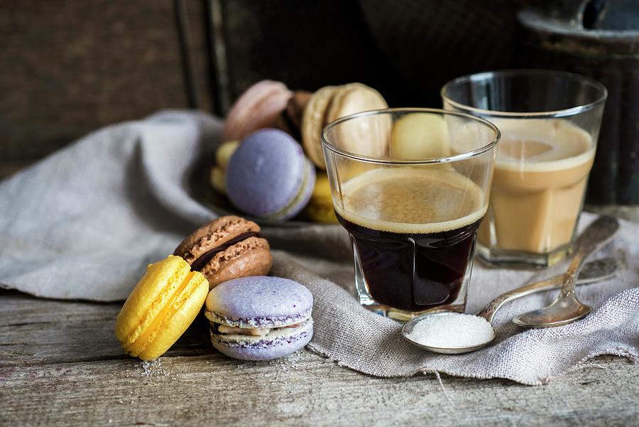 Assorted Home-made Macarons And Glasses Of Coffee Photograph by Irina Meliukh