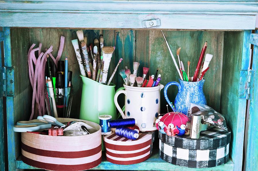 Assorted Sewing And Craft Supplies In An Old Wooden Cupboard Photograph by Linda Burgess