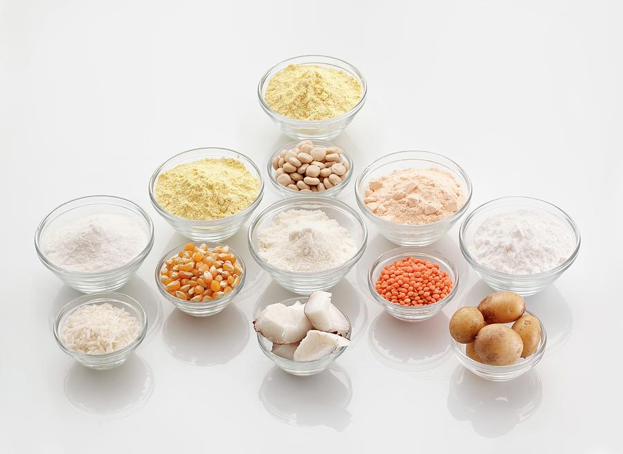 Assorted Types Of Gluten-free Flour In Bowls Photograph by Petr Gross