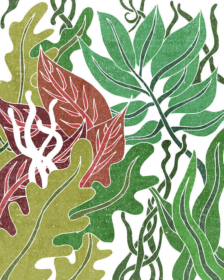 Leaf Mixed Media - Assortment of Leaves 1 - Exotic Boho Leaf Pattern - Colorful, Modern, Tropical Art - Green, Red by Studio Grafiikka
