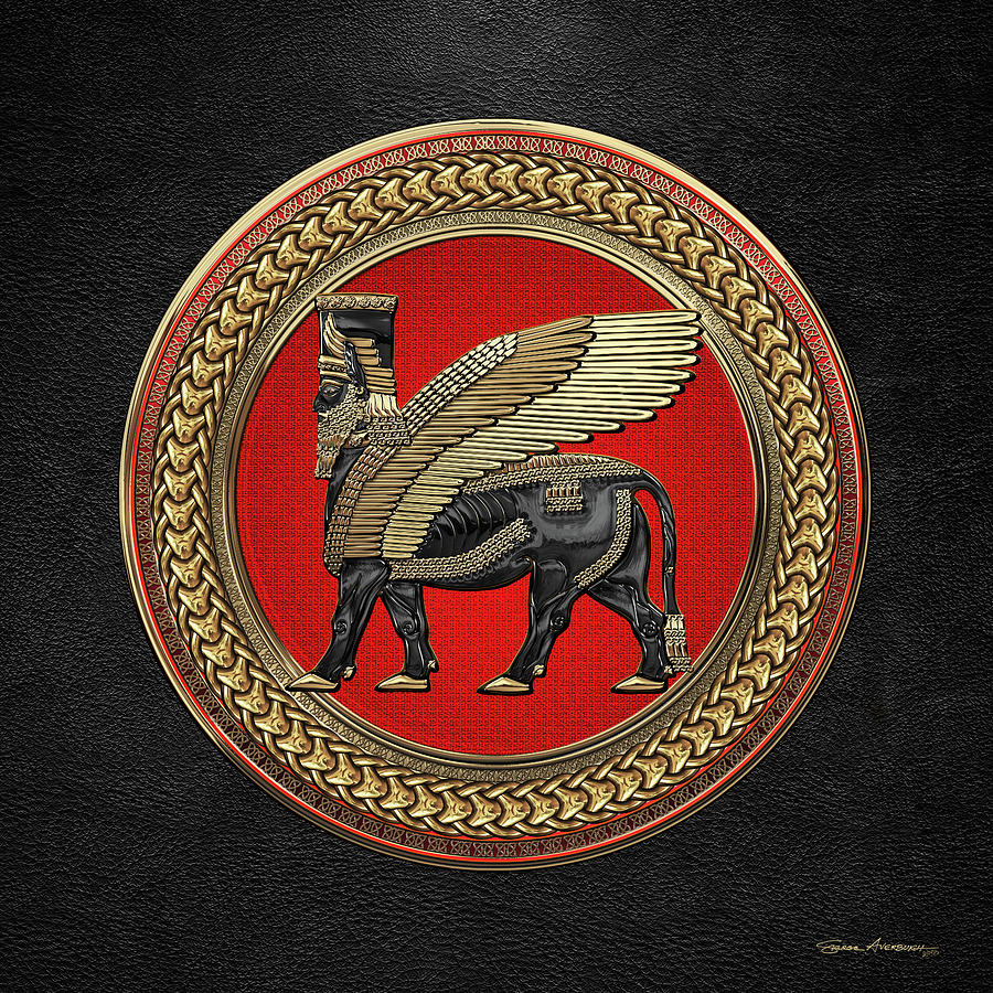 Assyrian Winged Bull - Gold and Black Lamassu on Red and Gold Medallion over Black Leather Digital Art by Serge Averbukh