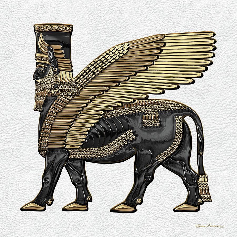 Assyrian Winged Bull - Gold and Black Lamassu over White Leather Digital Art by Serge Averbukh