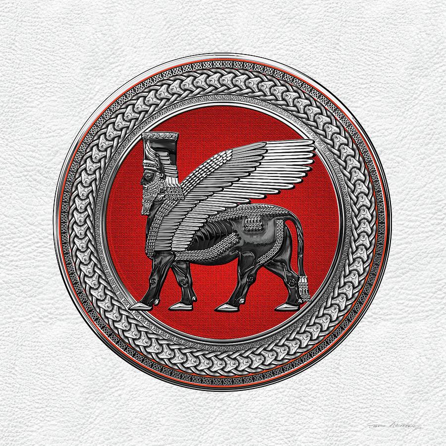 Assyrian Winged Bull - Silver and Black Lamassu on Red Silver Medallion over White Leather Digital Art by Serge Averbukh