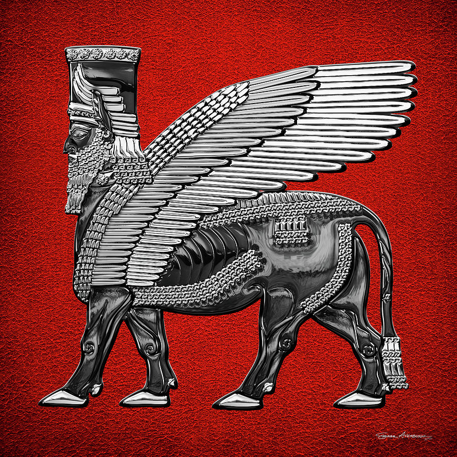 Assyrian Winged Bull - Silver and Black Lamassu over Red Leather Digital Art by Serge Averbukh
