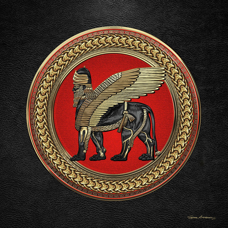Assyrian Winged Lion - Gold and Black Lamassu on Red and Gold Medallion over Black Leather Digital Art by Serge Averbukh