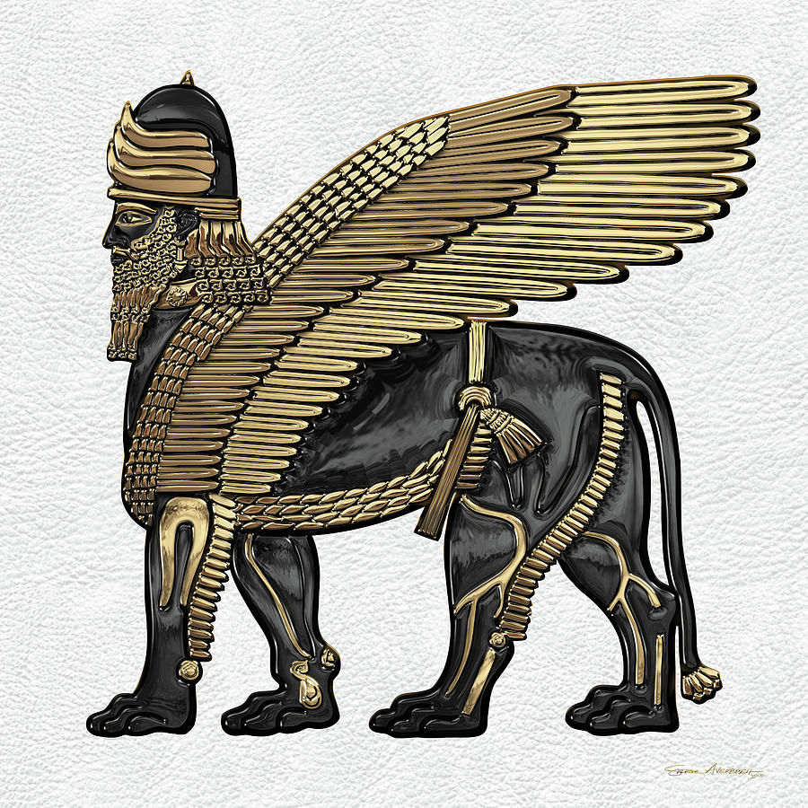 Assyrian Winged Lion - Gold and Black Lamassu over White Leather Digital Art by Serge Averbukh