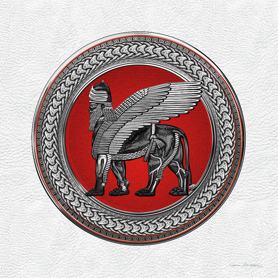 Assyrian Winged Lion - Silver and Black Lamassu on Red and Silver Medallion over White Leather Digital Art by Serge Averbukh