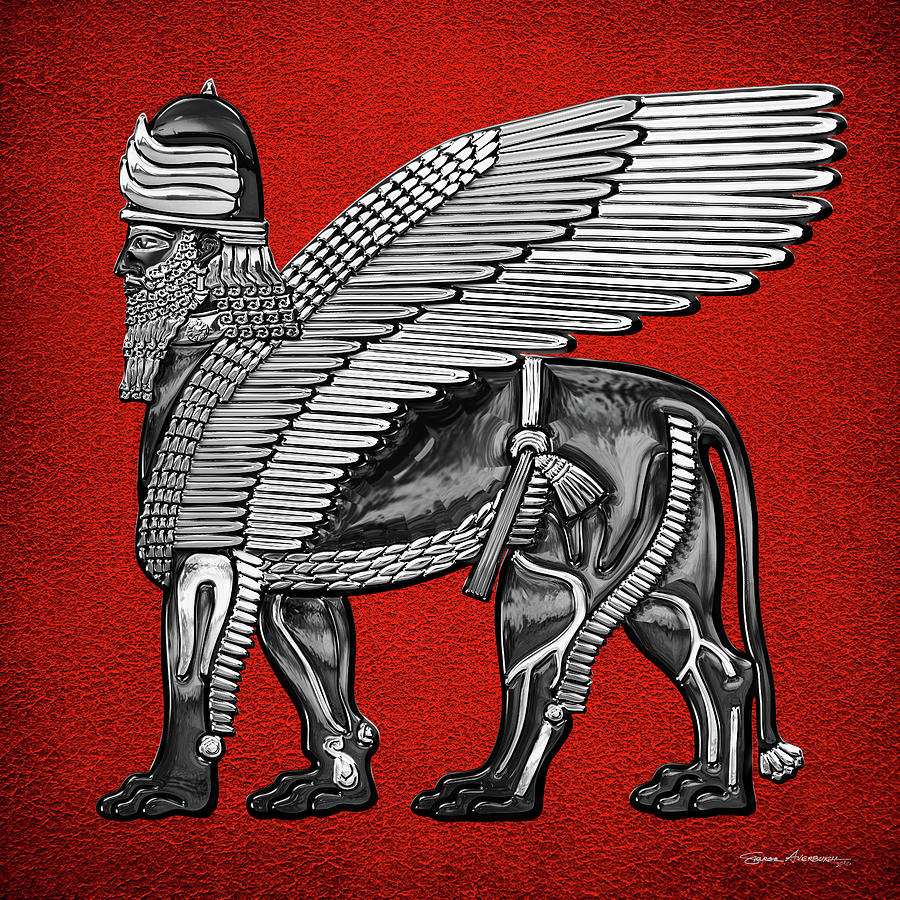 Assyrian Winged Lion - Silver and Black Lamassu over Red Leather Digital Art by Serge Averbukh