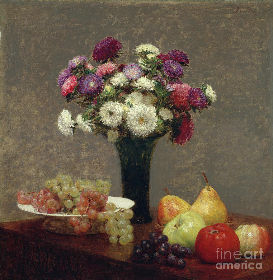 Asters And Fruit On A Table Drawing by Heritage Images