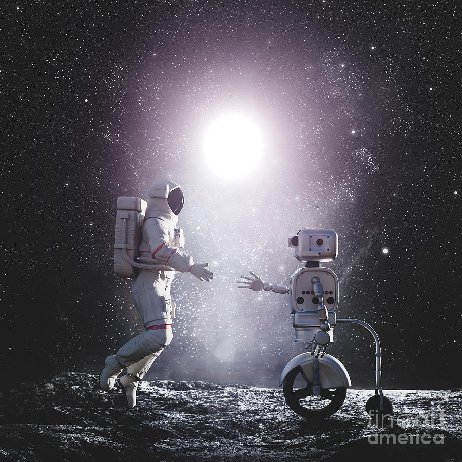 Astronaut And Robot Or Artificial Intelligence Handshake On Alien Planet Photograph By Michal 6172