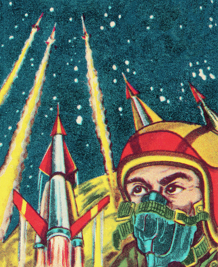 Science Fiction Drawing - Astronaut and Rockets Launching by CSA Images