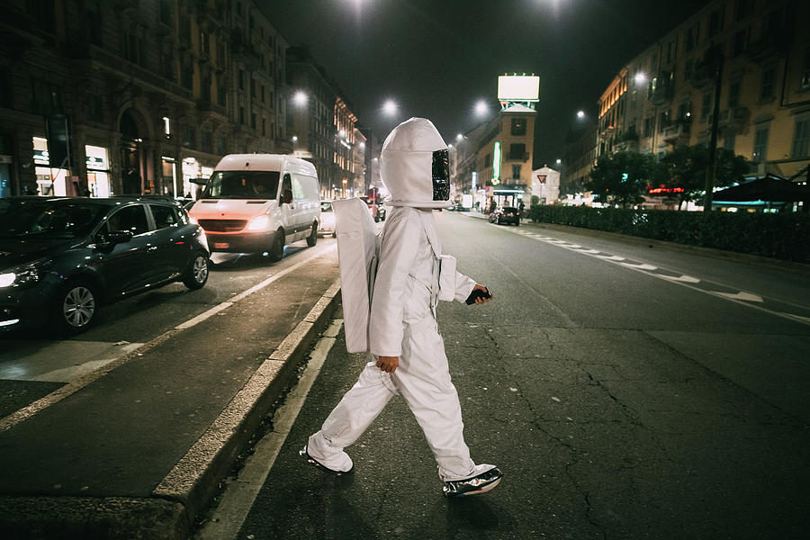 Astronaut Digital Art - Astronaut Crossing Street At Night by Eugenio Marongiu