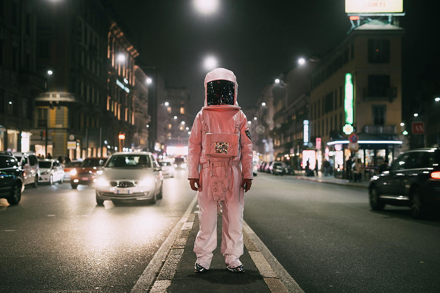 Astronaut Digital Art - Astronaut In Middle Of Busy Street At Night by Eugenio Marongiu