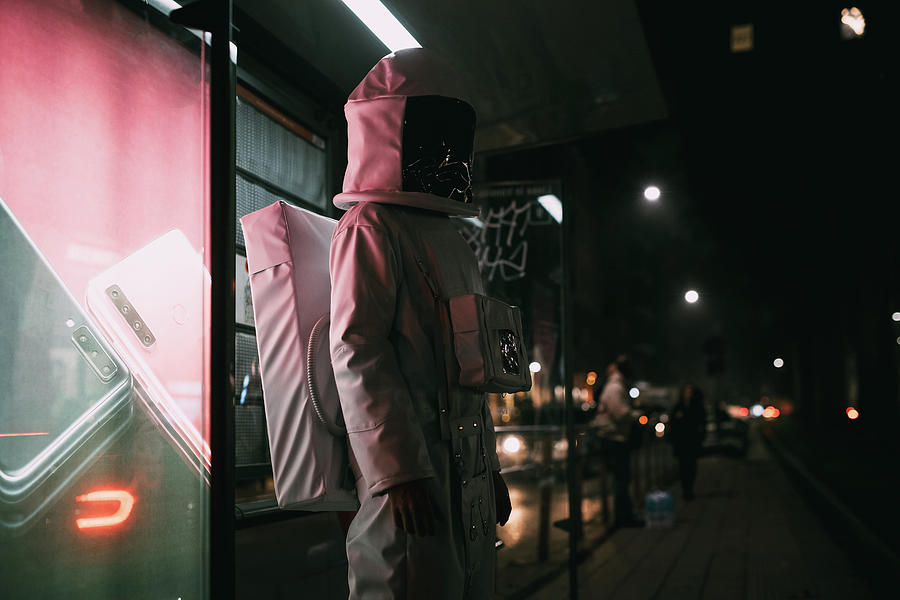 Astronaut Digital Art - Astronaut Standing At Illuminated Bus Stop by Eugenio Marongiu