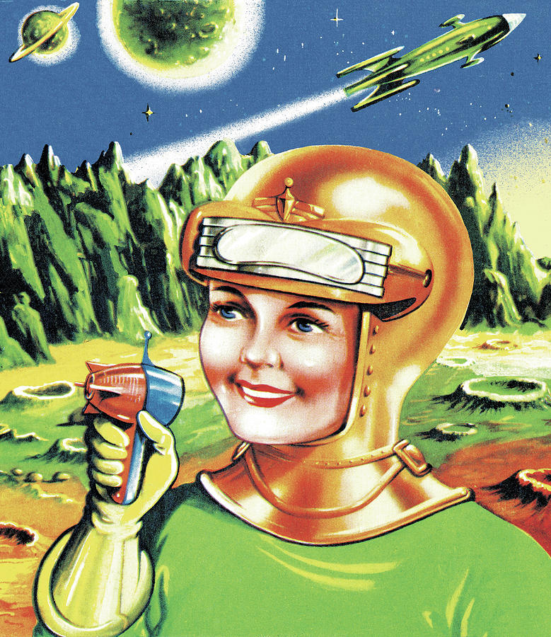Science Fiction Drawing - Astronaut with Ray Gun on Planet by CSA Images